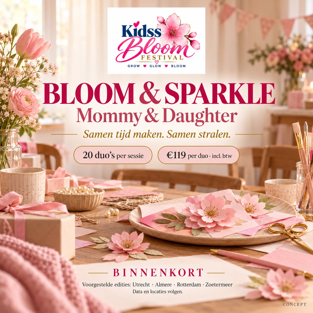 Sfeerontwerp Bloom & Sparkle Mommy & Daughter: roze gedekte tafel, 20 duo's per sessie, 119 euro per duo incl. btw, binnenkort.