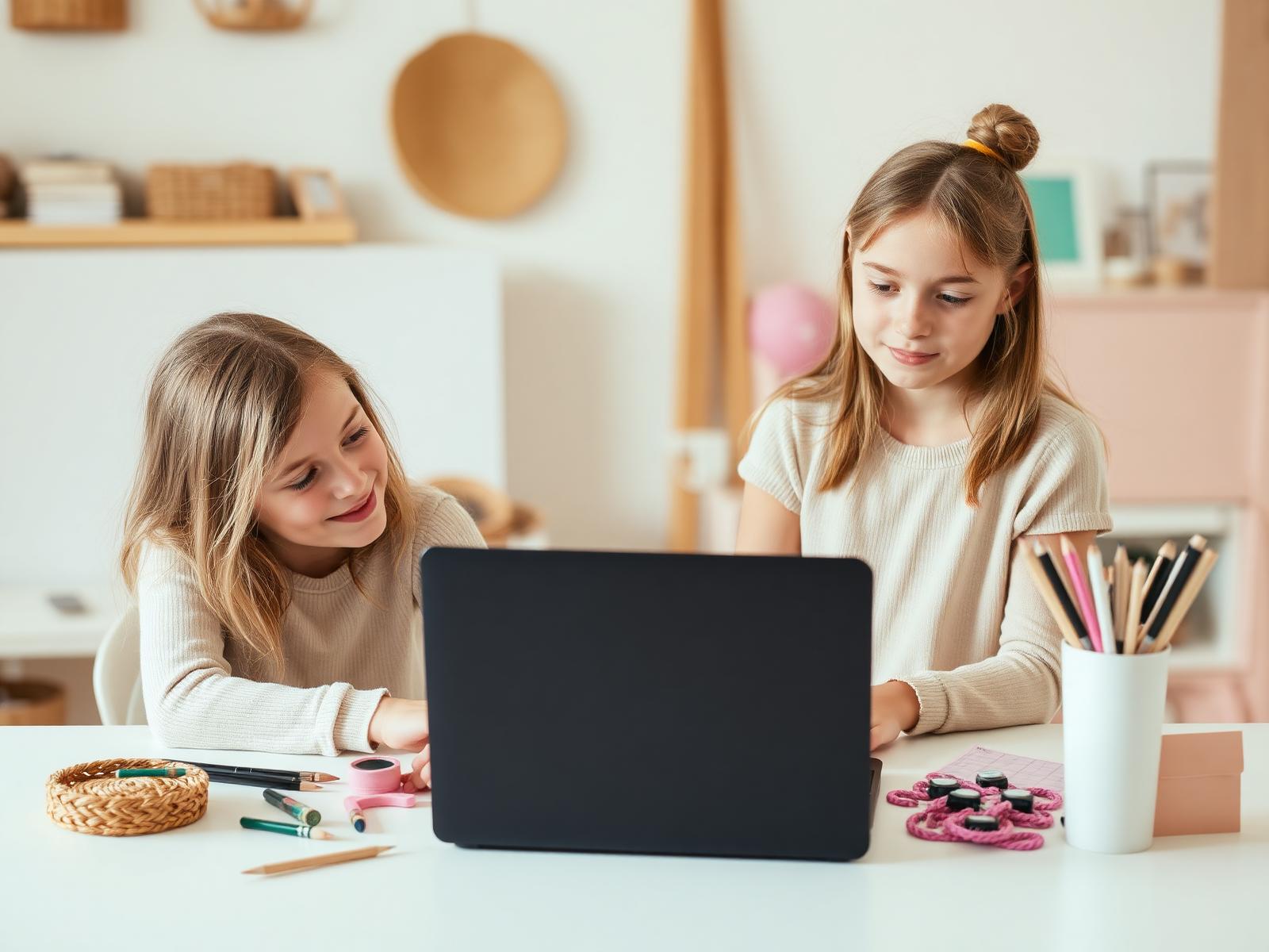 Twee meiden werken samen achter een laptop met knutselmateriaal