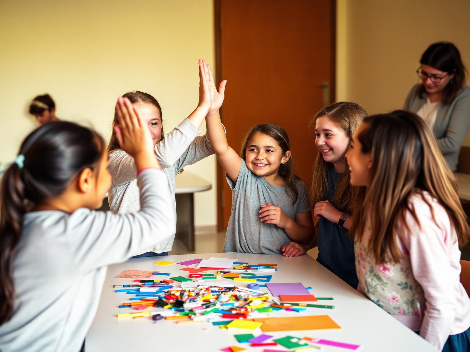 Meiden geven elkaar een high five na een afgeronde opdracht